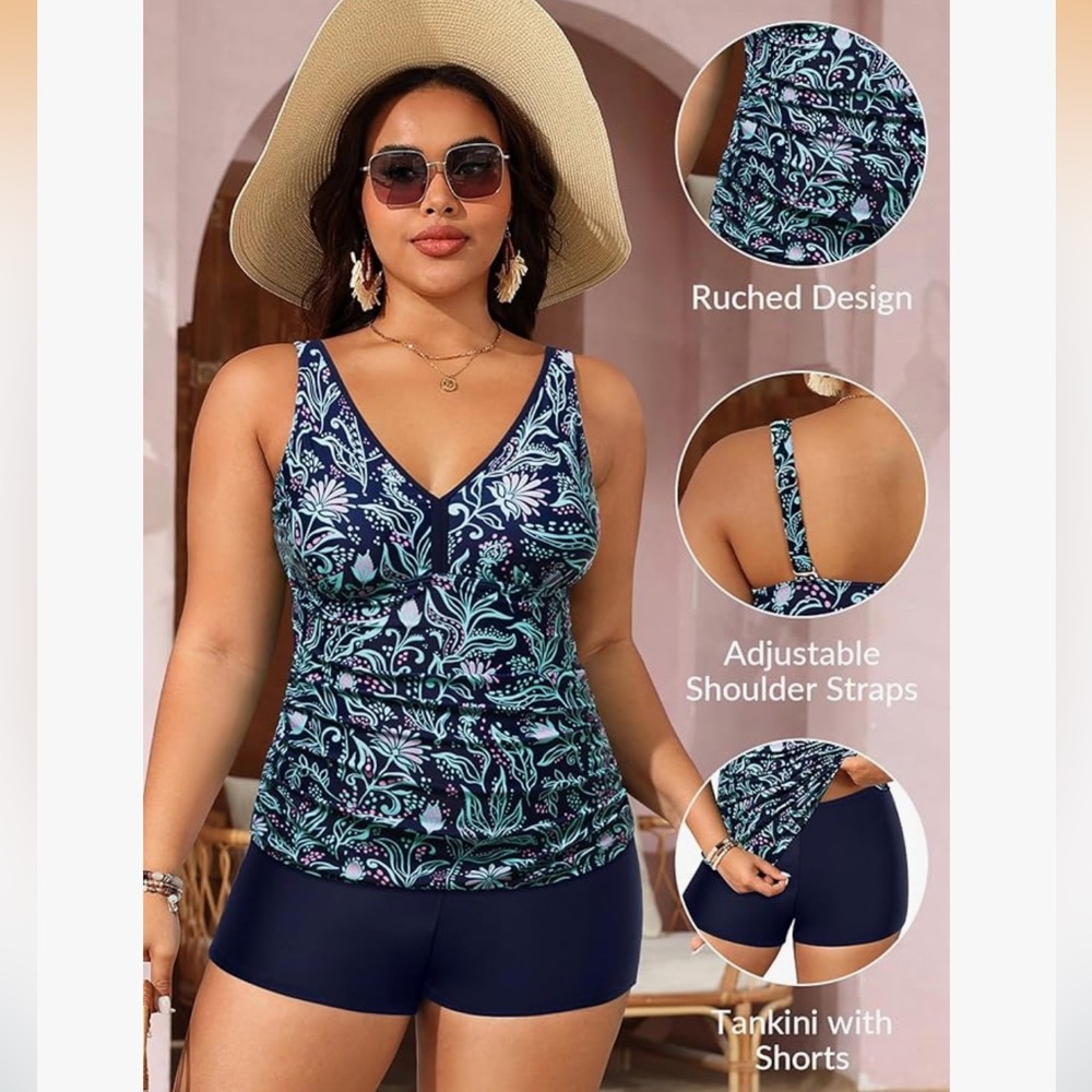 Yonique Plus Size Tummy Control Tankini with Boyshorts Athletic Swimwear - Picture 4 of 14